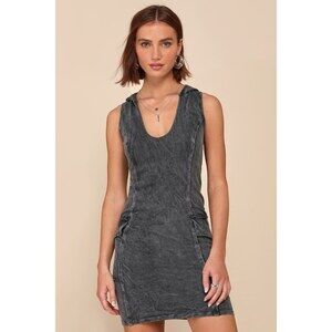 Lulus Edgy Cuteness Washed Black Hooded Cargo Mini Dress With Pockets - Size S
